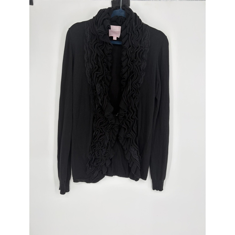 Romeo & Juliet Couture Sweater Womens Black  Ruffle Front Cardigan Y2K Cozy L